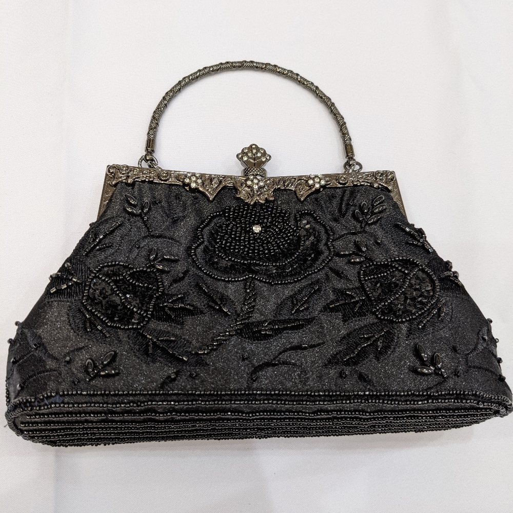 Vintage Black Embroidered Bead Evening Clutch Bag